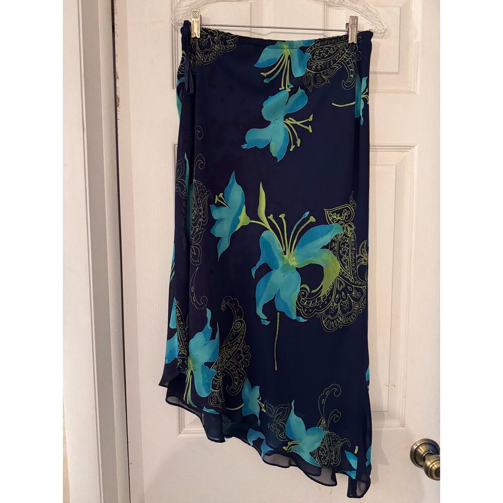 Studio I 2-Piece Chiffon Skirt Set Navy Blue Turquoise Floral Cowl Neck Midi 12 - Picture 7 of 10